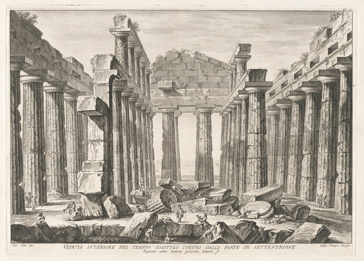 Innvendig utsikt over Hexastyle Hypaethral Temple fra nord, fra Antichit? av Pesto (Antiquities of Paestum) av Filippo Morghen