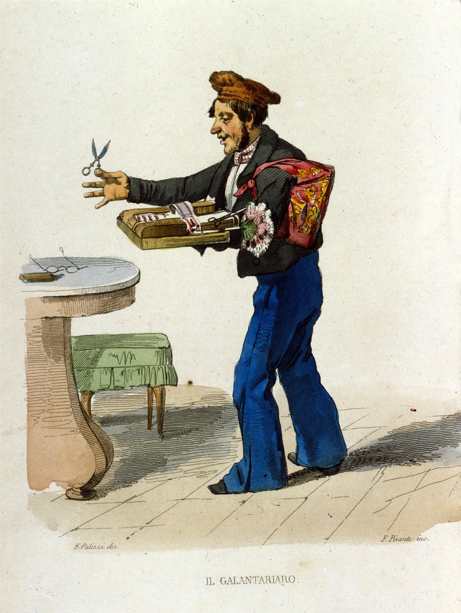 Galantry kjøpmenn (småhandlere) i Napoli. Disse gateselgerne tilbød kosmetikk. - Farget kobberstikk etter et maleri av F. Palizza (fra: "Costumi del regno" av Francesco de Bourcard).﻿ av Filippo Palizzi