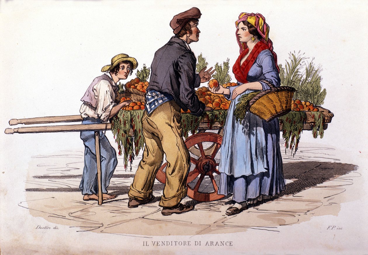 Kleingewerbe i byen Napoli: den gående selgeren av appelsiner. Gravering etter et maleri av F. Palizza. Fra et verk av Francesco de Bourcard "" Costumi del regno di Napoli"" av Filippo Palizzi