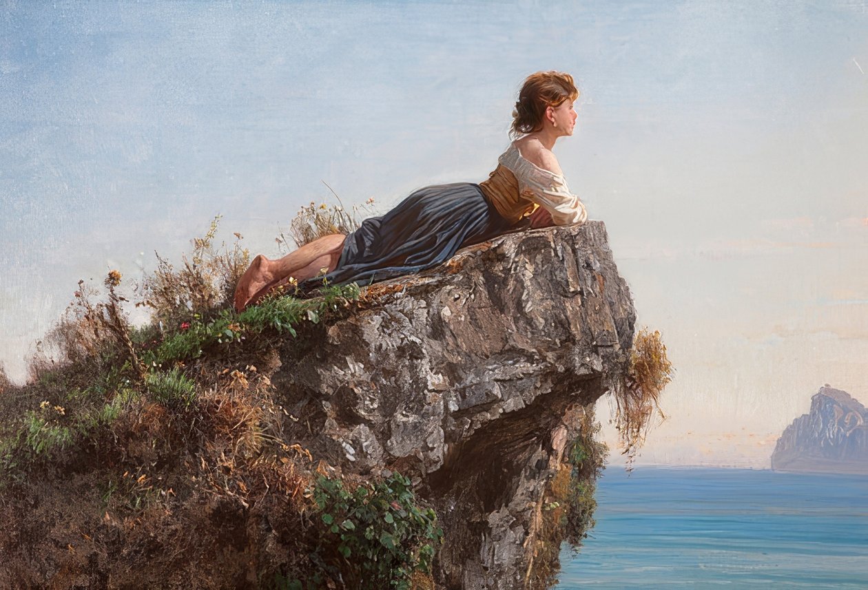 La fanciulla sulla roccia a Sorrento (Jenta på berget i Sorrento). 1871 av Filippo Palizzi