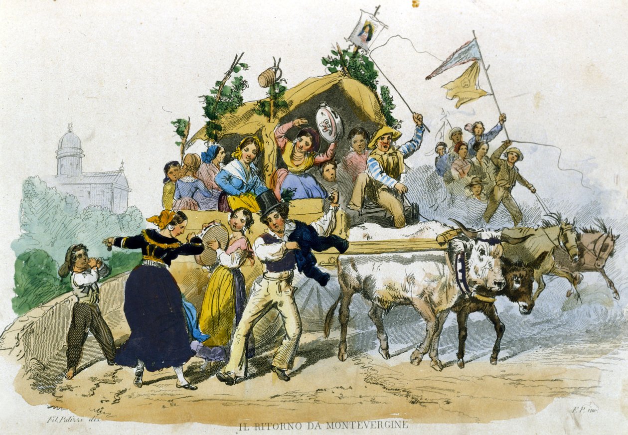Napolitanere kommer muntert tilbake fra ekskursjonen til Montevergine. Tegning av F. Palizzi fra «Costumi del regno di Napoli»» av De Bourcard av Filippo Palizzi