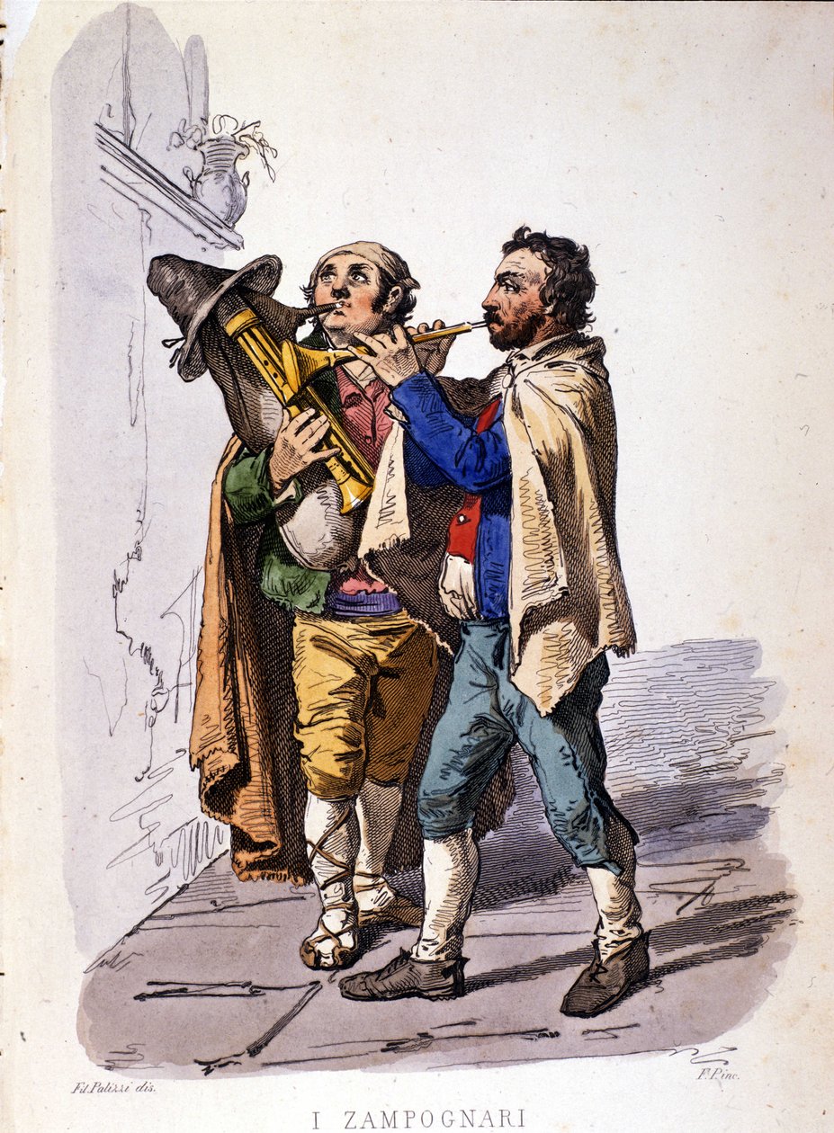 Pipespillere (sekkepipe). Gravering etter et maleri av F. Palizza. Fra et verk av Francesco de Bourcard "" Costumes of the Kingdom of Napoli "" av Filippo Palizzi