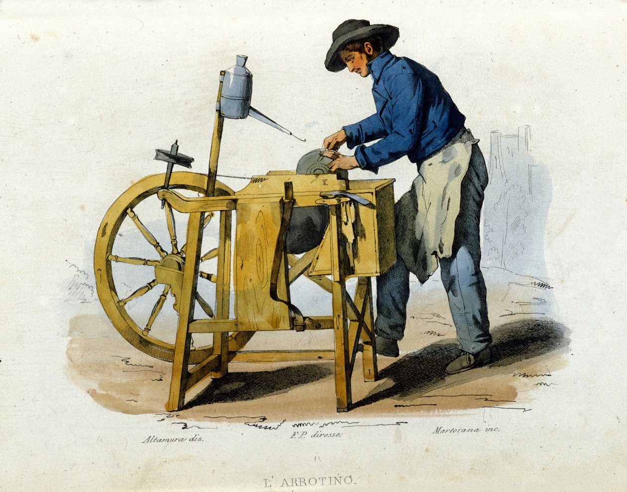 Småbedrifter i byen Napoli: en knivsliper. Gravering etter et maleri av F. Palizza. Fra et verk av Francesco de Bourcard "" Costumi del regno di Napoli"" av Filippo Palizzi