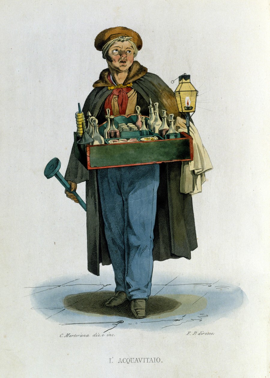 Liten bedrift i byen Napoli: en reisende selger av konjakk. Gravering etter et maleri av F. Palizza. Fra et verk av Francesco de Bourcard "" Costumi del regno di Napoli"" av Filippo Palizzi