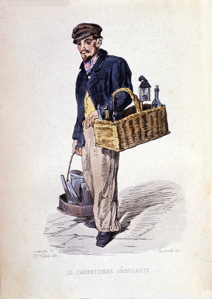 Småbedrifter i byen Napoli: "caffettiere", en napolitansk kaffehandler. Gravering etter et maleri av F. Palizza. Fra et verk av Francesco de Bourcard "" Costumi del regno di Napoli"" av Filippo Palizzi