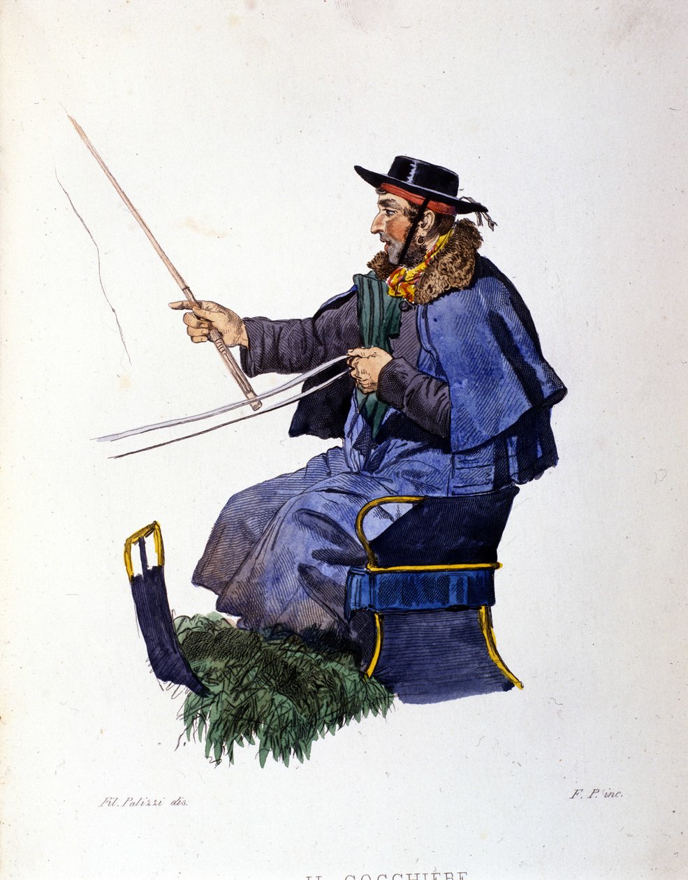 Småbedrifter i byen Napoli: kusken. Gravering etter et maleri av F. Palizza. Fra et verk av Francesco de Bourcard "" Costumi del regno di Napoli"" av Filippo Palizzi
