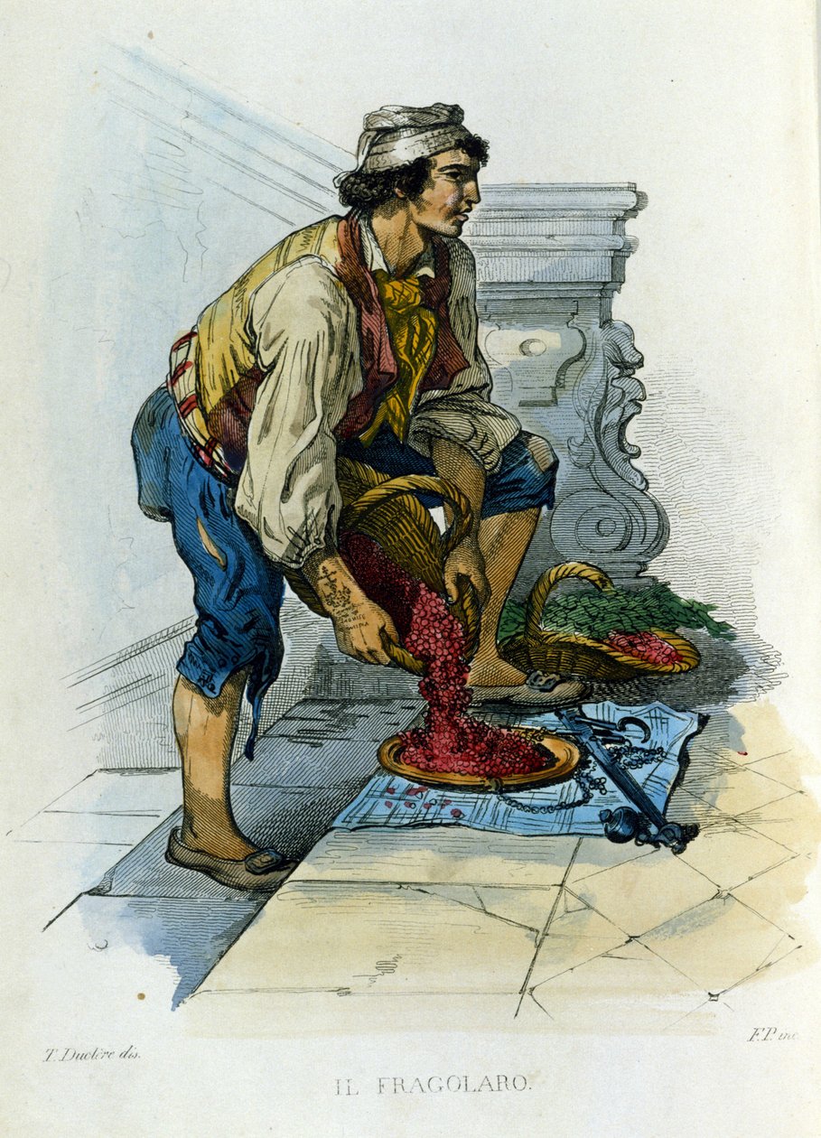 Småbedrifter i byen Napoli: "fragolaro", en napolitansk jordbærhandler. Gravering etter et maleri av F. Palizza. Fra et verk av Francesco de Bourcard "" Costumi del regno di Napoli"" av Filippo Palizzi