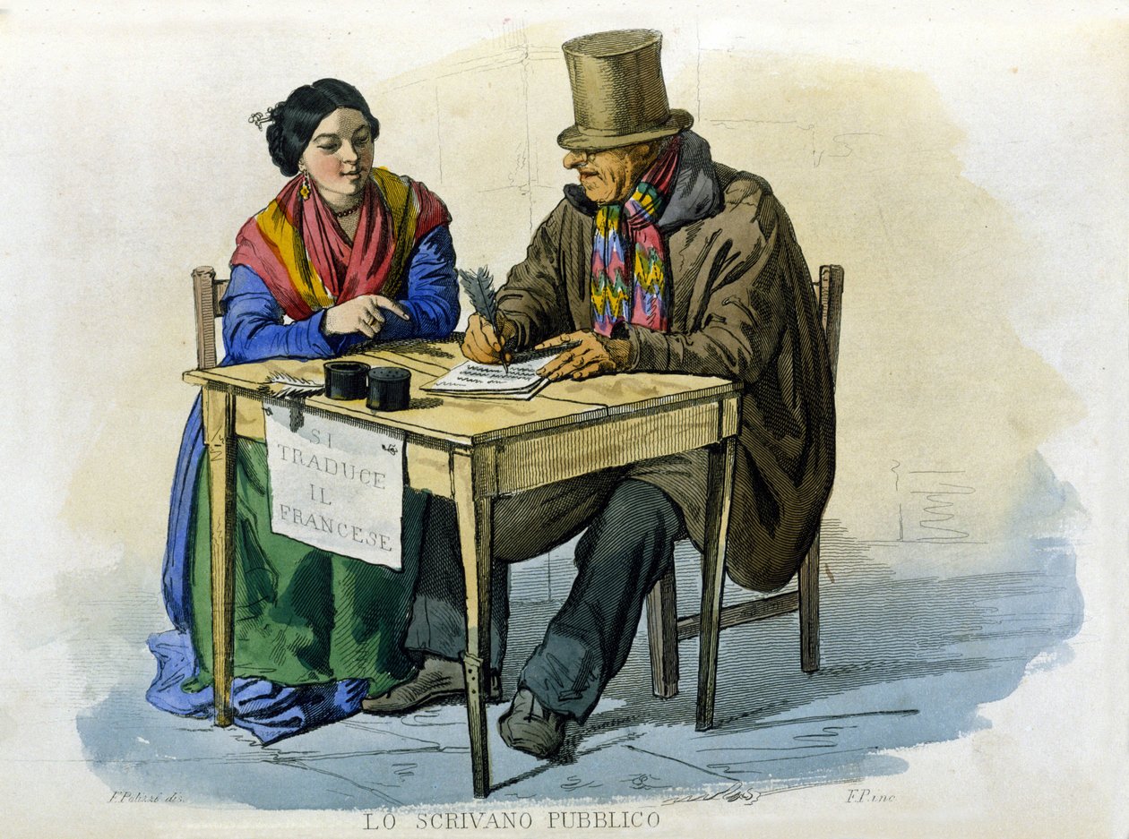 Småbedrifter i byen Napoli: den offentlige forfatteren. Gravering etter et maleri av F. Palizza. Fra et verk av Francesco de Bourcard "" Costumi del regno di Napoli"" av Filippo Palizzi
