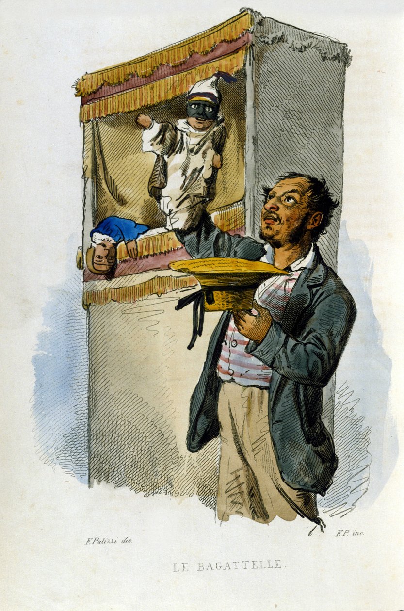 Småbedrifter i byen Napoli: dukkeføreren. Gravering etter et maleri av F. Palizza. Fra et verk av Francesco de Bourcard "" Costumi del regno di Napoli"" av Filippo Palizzi