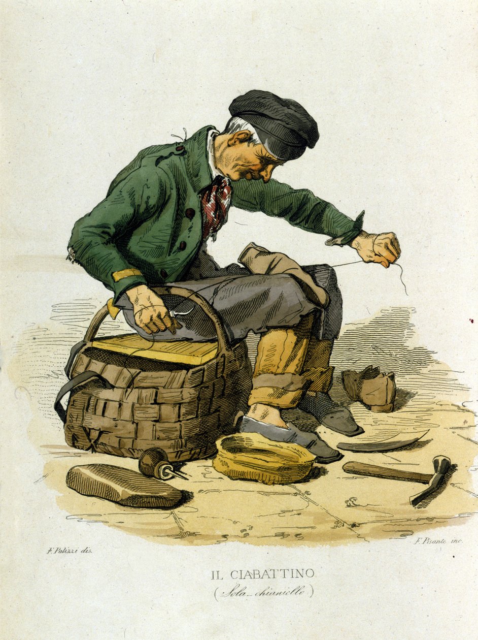 Småbedrifter i byen Napoli: the savetier. Gravering etter et maleri av F. Palizza. Fra et verk av Francesco de Bourcard "" Costumi del regno di Napoli"" av Filippo Palizzi