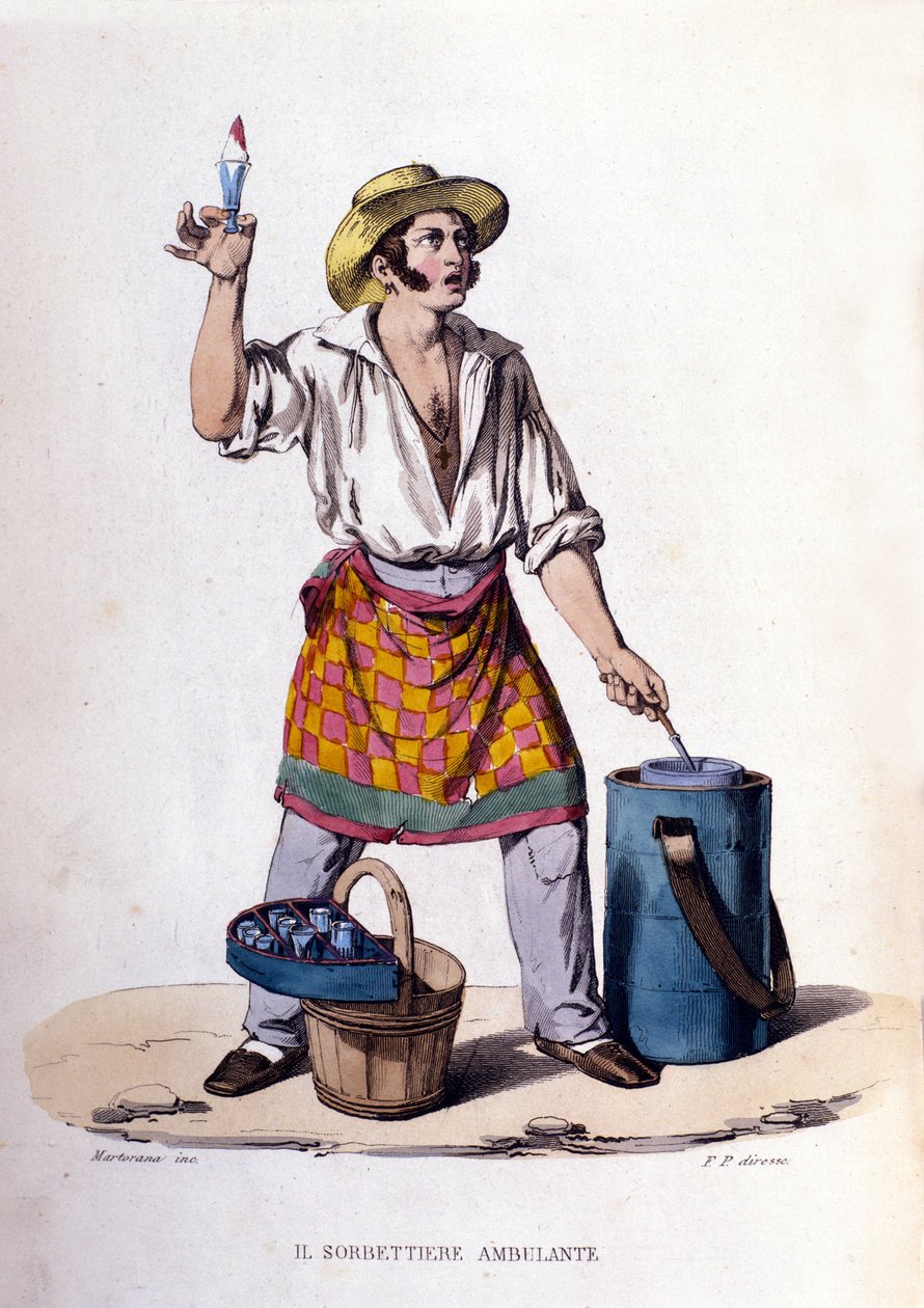 Småbedrifter i byen Napoli: selgeren av iskrem og sorbeter. Gravering etter et maleri av F. Palizza. Fra et verk av Francesco de Bourcard "" Costumi del regno di Napoli"" av Filippo Palizzi