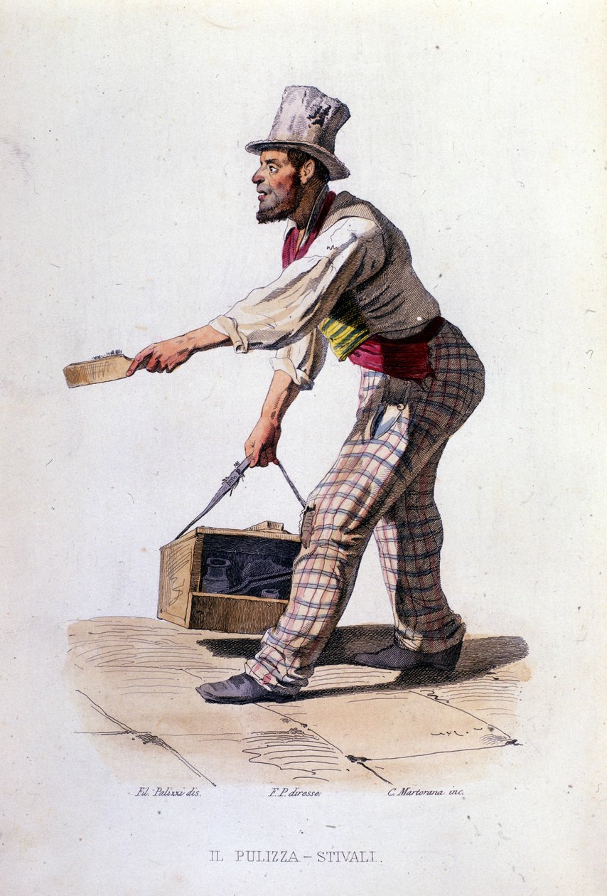 Småbedrifter i byen Napoli: skopusseren. Gravering etter et maleri av F. Palizza. Fra et verk av Francesco de Bourcard "" Costumi del regno di Napoli"" av Filippo Palizzi