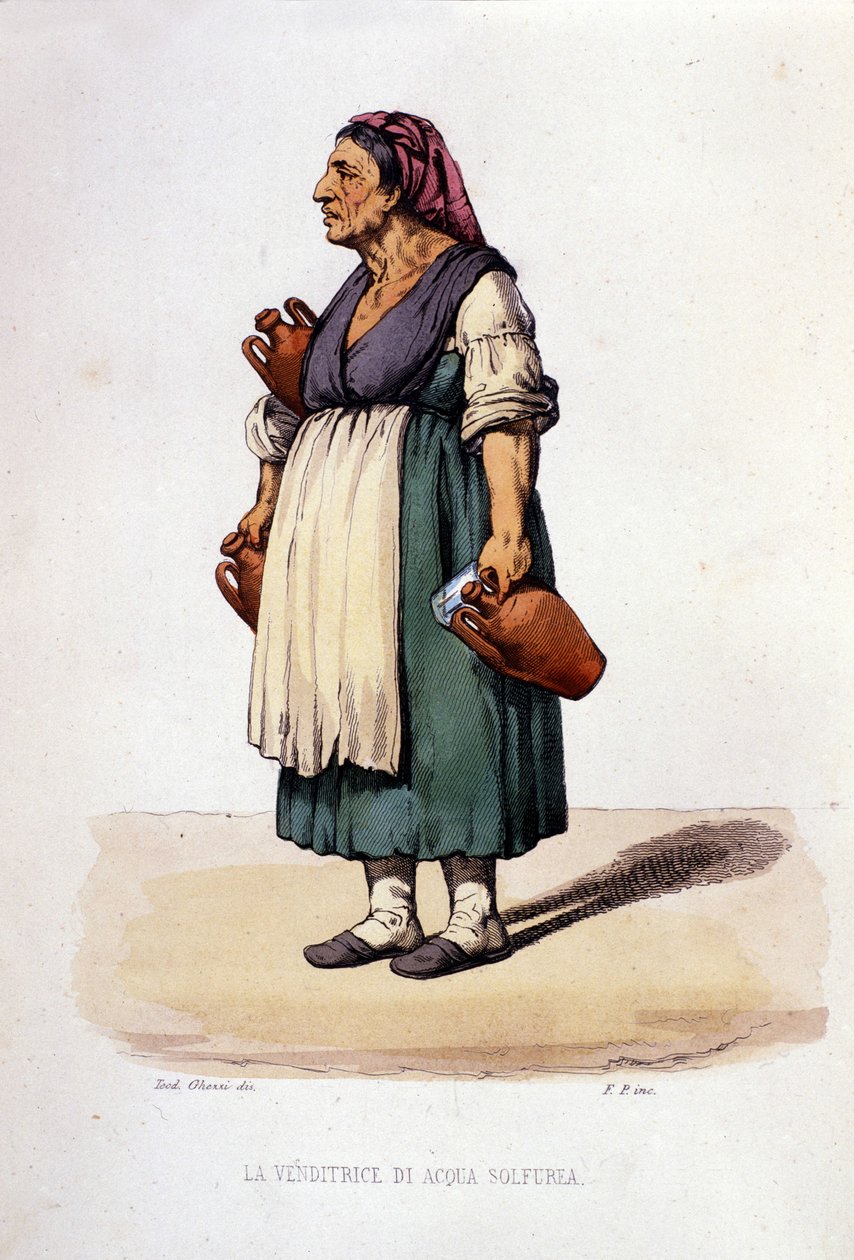Liten bedrift i byen Napoli: gående selger av svovelvann. Gravering etter et maleri av F. Palizza. Fra et verk av Francesco de Bourcard "" Costumi del regno di Napoli"" av Filippo Palizzi