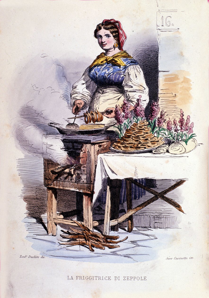Småbedrifter i byen Napoli: gående selger av zeppolle, spesialitetspatisserie i Napoli. Gravering etter et maleri av F. Palizza. Fra et verk av Francesco de Bourcard "" Costumi del regno di Napoli"" av Filippo Palizzi