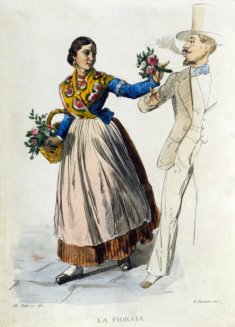 Liten bedrift i byen Napoli: ung blomsterhandler som pleier en bukett til en elegant mann. Gravering etter et maleri av F. Palizza. Fra et verk av Francesco de Bourcard "" Costumi del regno di Napoli"" av Filippo Palizzi