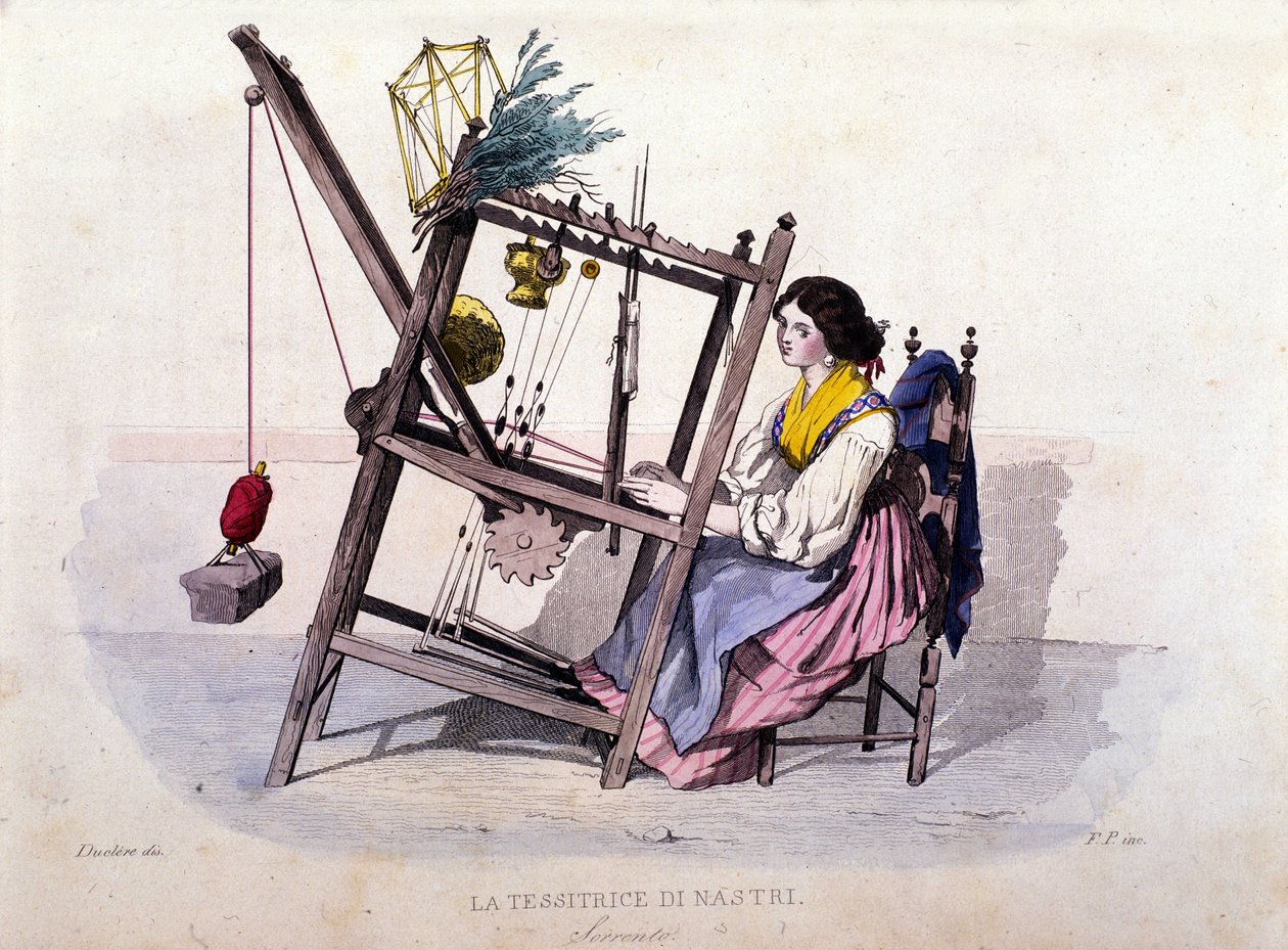 Liten bedrift i kongeriket Napoli: ung kvinne fra Sorrento som vever bånd. Gravering etter et maleri av F. Palizza. Fra et verk av Francesco de Bourcard "" Costumi del regno di Napoli"" av Filippo Palizzi