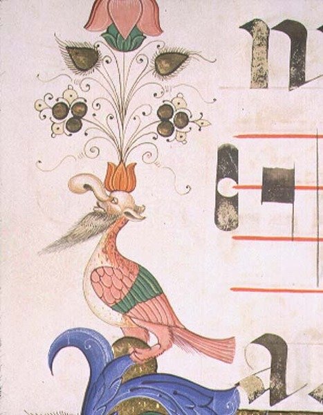 Missal 515 f.120v Grotesk fugl med menneskehode, detalj av dekorativ kant fra en korbok utført før 1449 (vellum) av Filippo di Matteo Torelli