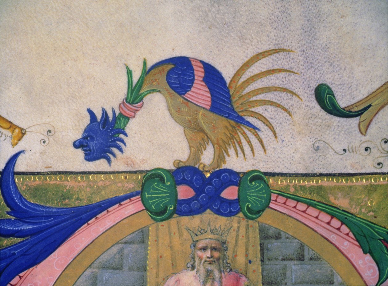 Missal 515 f.13v Fantastisk tobent skapning med menneskeansikt, detalj av dekorativ kant fra en korbok utført før 1449 (detalj av 56721) av Filippo di Matteo Torelli