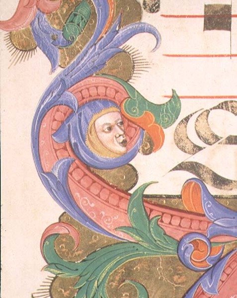 Missal 515 f.156r Zoomorphic løvverk med kappehode, detalj av en dekorativ kant fra en korbok utført før 1449 av Filippo di Matteo Torelli