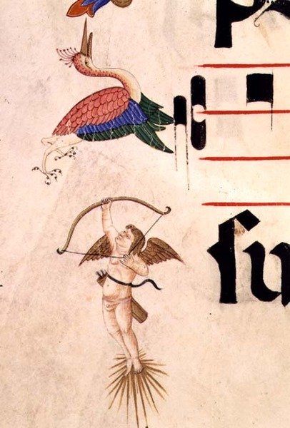 Missal 515 f.5r En kjerub som skyter en stork med bue og usynlig pil, detalj av dekorativ kant fra en korbok utført før 1449 (vellum) av Filippo di Matteo Torelli