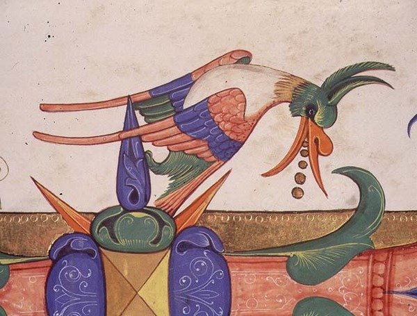 Missal 515 f.72v Fantastisk fugl, dekorasjonsdetalj fra en historisk initial 
