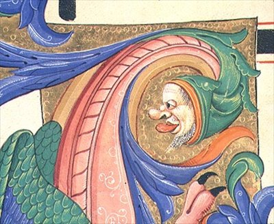 Missal 515 f.73v Zoomorfisk løvverk som viser et mannlig hode som trekker et ansikt, detalj fra dekorasjonen av en historikert initial fra en korbok utført før 1449 (vellum) av Filippo di Matteo Torelli