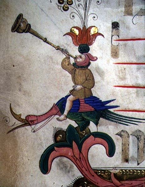 Missal 515 f.9r Figur som blåser i et horn, montert på en selet fugl, detalj av dekorativ kant fra en korbok utført før 1449 (detalj av 88907) av Filippo di Matteo Torelli