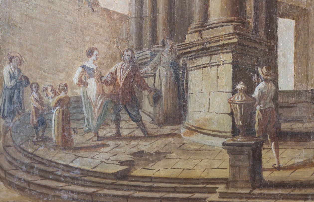 Sjangerscene, olje på tre, detalj av salongens vindusskodder, Dronningens leilighet, Jaktresidens, av Filippo Juvarra (1678-1736), Stupinigi, Piemonte, Italia av Filippo or Juvara Juvarra