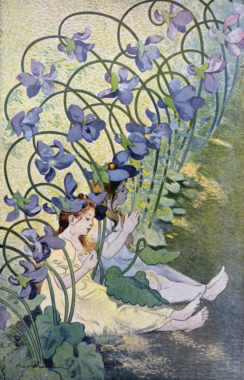 Fiolene, livlige blomster, 1897 (fargegravering) av Firmin Bouisset