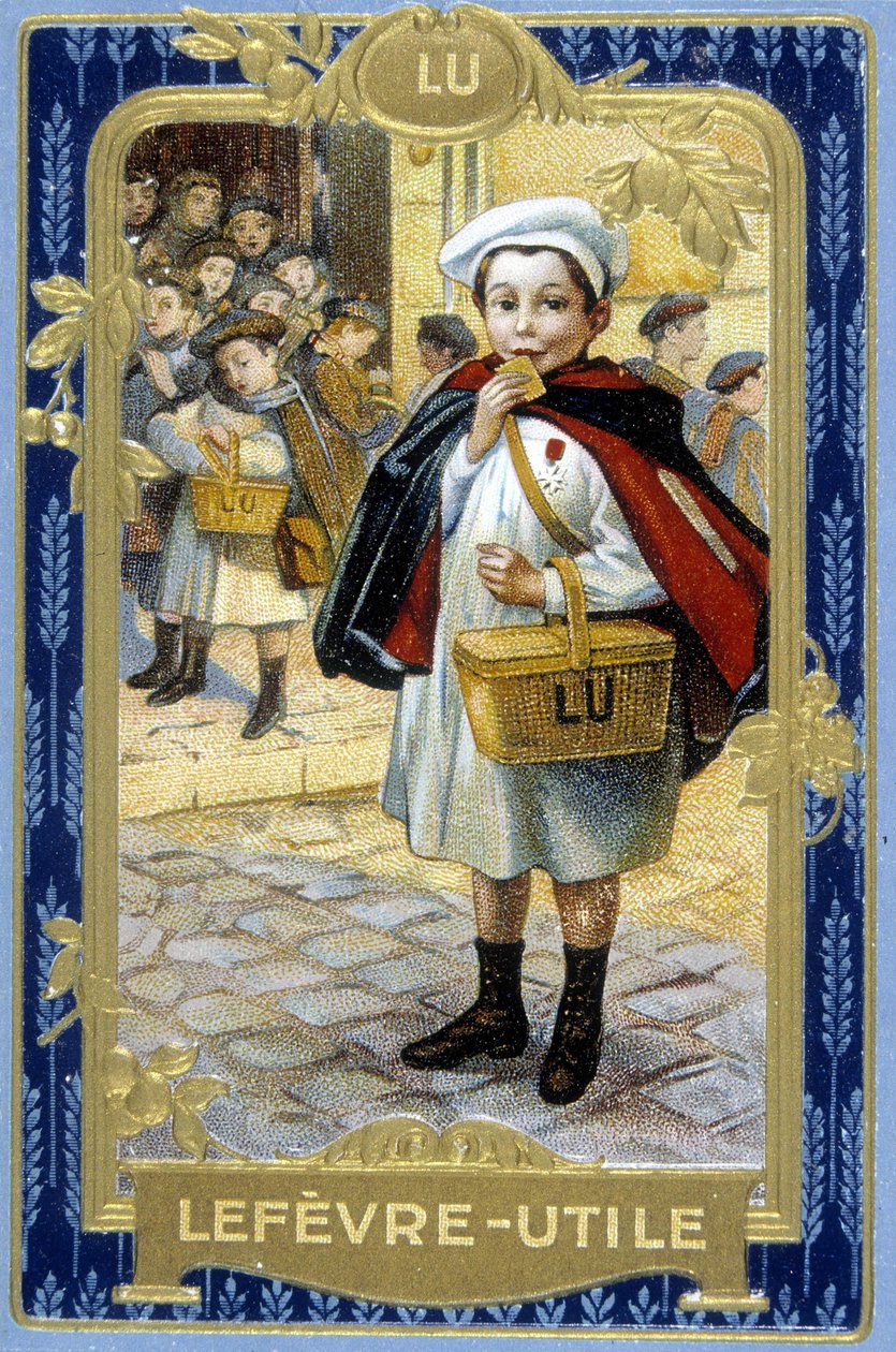 Reklame for informasjonskapselen "" Lefèvre-Nyttig: Lu"" (skolegutten). sd. Kromolitografi fra 1800-tallet basert på den originale tegningen av Firmin Bouisset. av Firmin (after) Bouisset