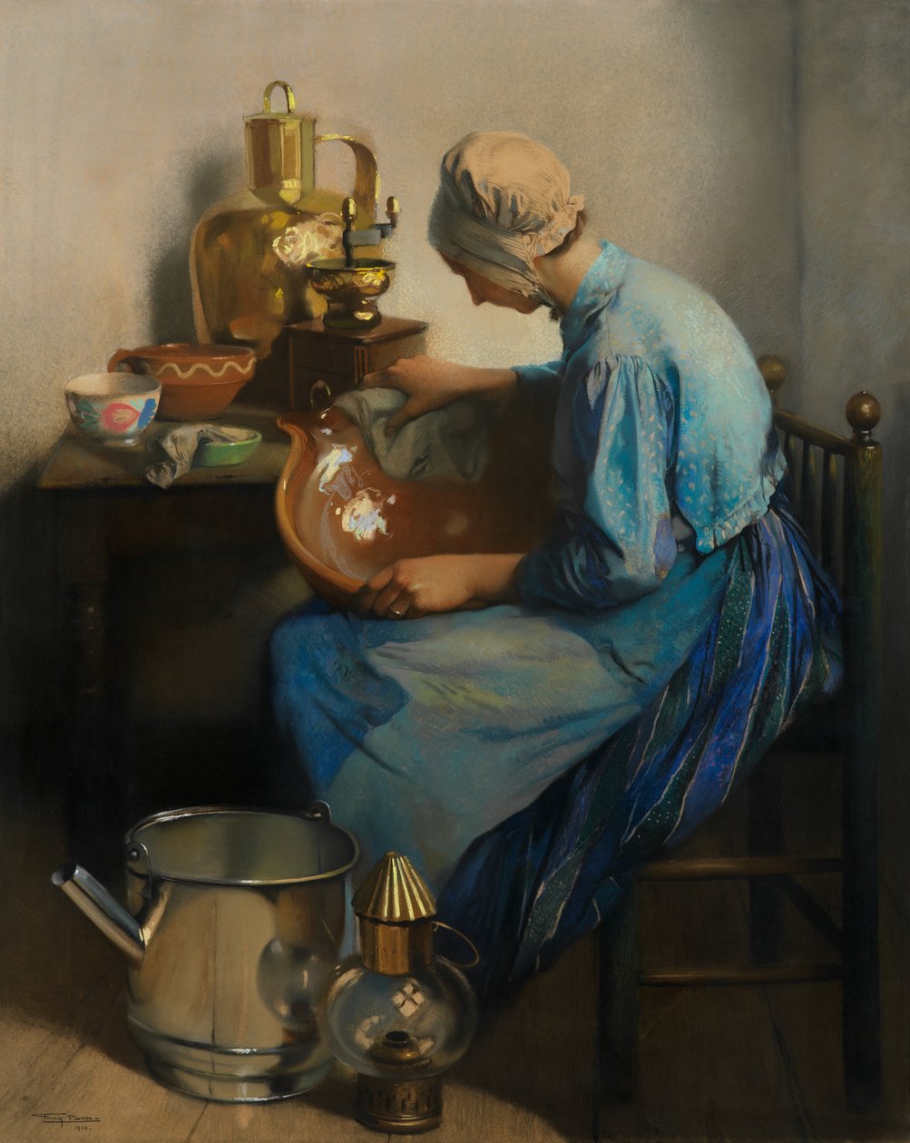 The Cleaning Lady (olje på lerret) av Firmin Baes