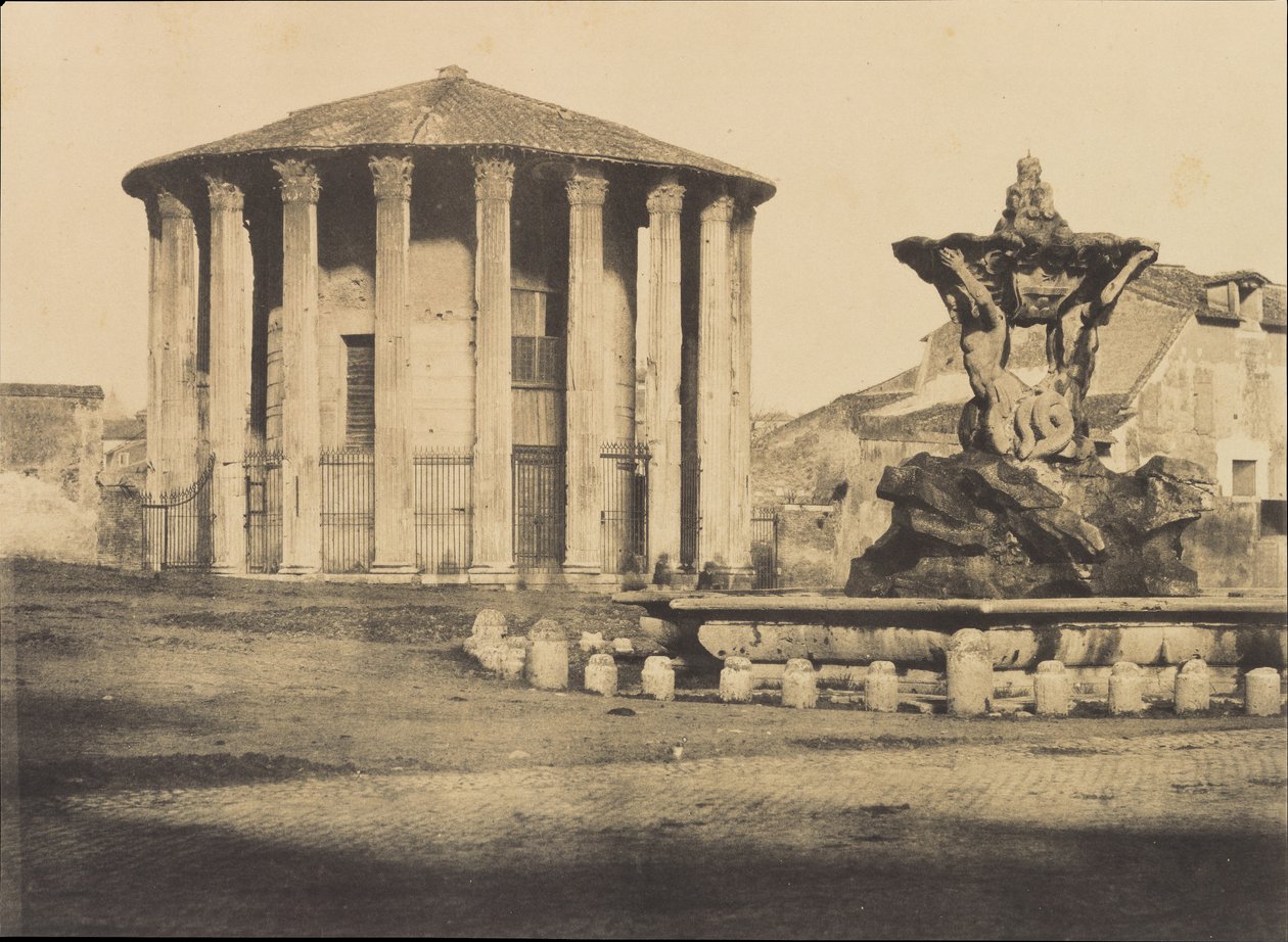 Tempel for Vesta og fontenen, Piazza Bocca della Verita, ca. 1855. av Firmin Eugène Le Dien.
