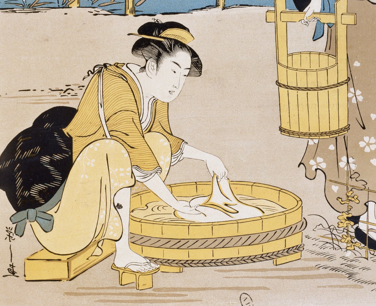 Kvinner som vasker i elv, omslag av Firmin Gillot (1819-1872), Le Japon Artistique (japansk kunst), kunst- og industridokumenter samlet av Siegfried Bing (1838-1905), månedlig publikasjon juli 1889, Frankrike av Firmin Gillot