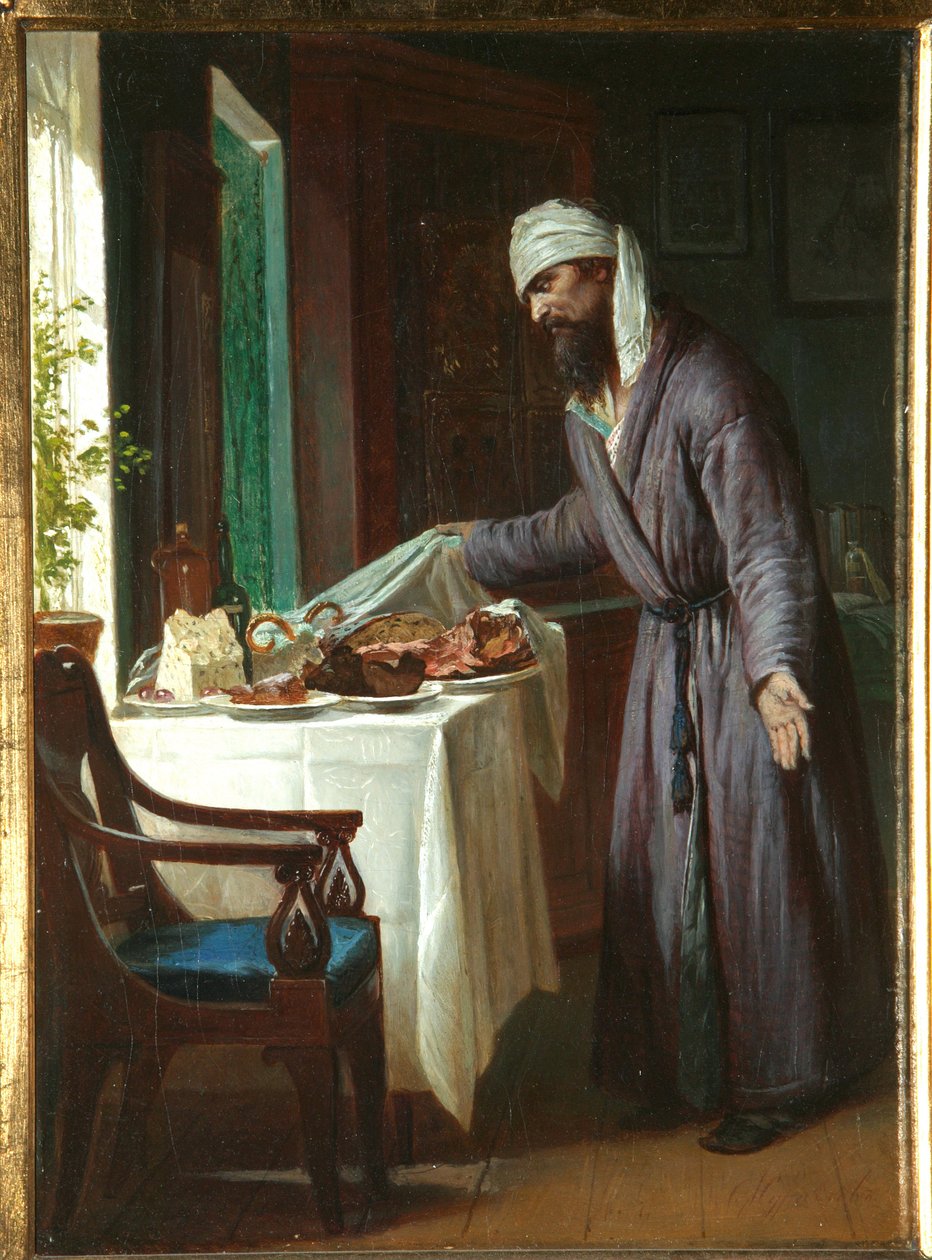 Morning Hangover - Maleri av Firs Sergeevich Zhuravlev (1836-1901), olje på lerret, 40x29,6 cm, sent på 1800-tallet - Privat samling av Firs Sergeevich Zhuravlev