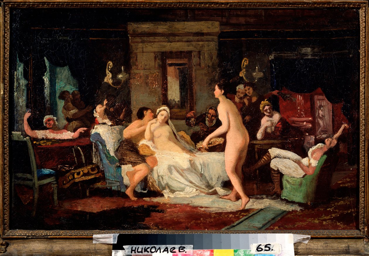 Eve of the Wedding Party in a Bath - Maleri av Firs Sergeevich Zhuraviev (1836-1901), olje på lerret 1885, russisk kunst av Firs Sergeevich Zhuravlev