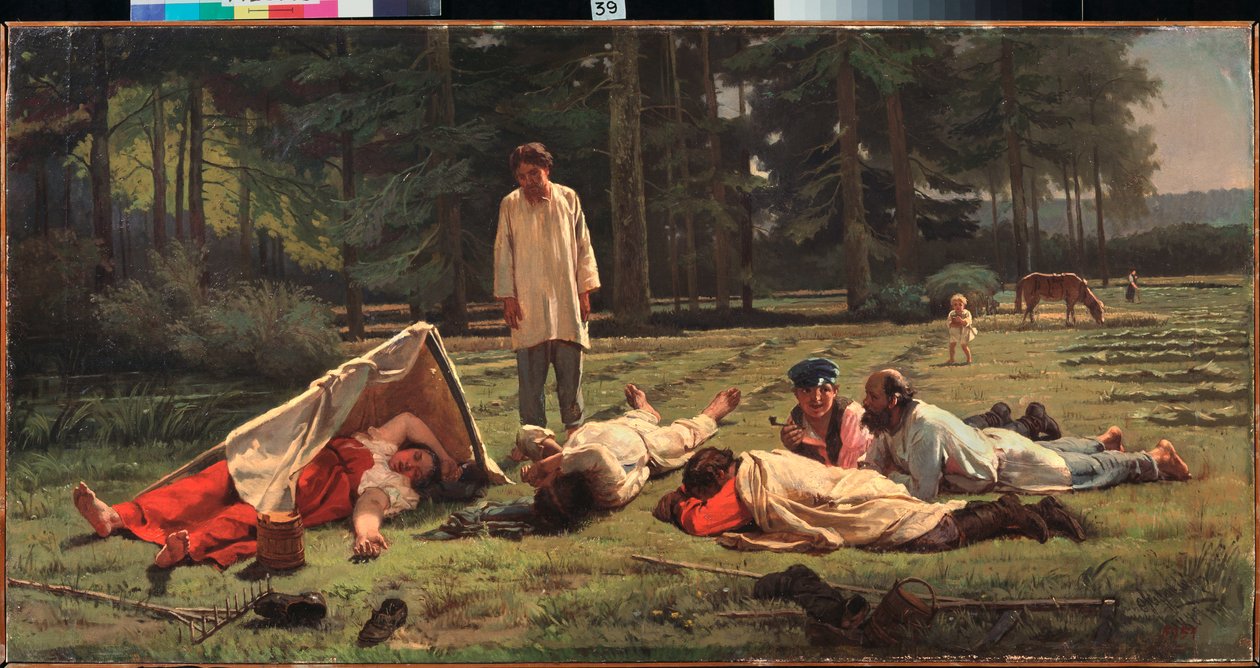 Rest at the Hay Harvest - Maleri av Firs Sergeevich Zhuraviev (1836-1901), olje på lerret av Firs Sergeevich Zhuravlev