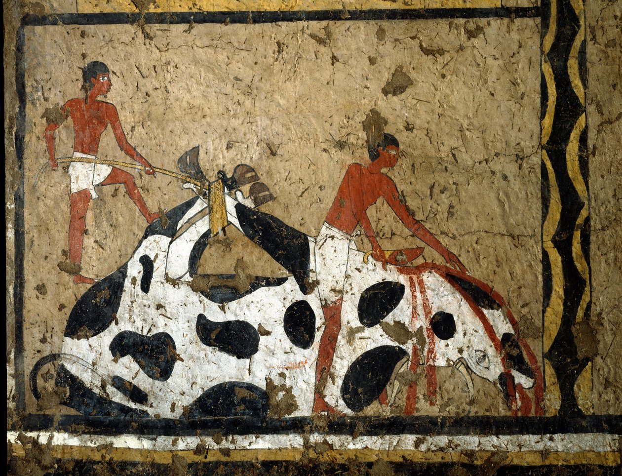 Egyptisk antikvitet: en okse blir ofret foran en sarkofag. Detrempe på leire og halm fra graven til generalen og kansleren til kong Iti i El Ghebelen nær Luxor. 2200-2000 f.Kr. Torino, egyptisk museum av First Intermediate Period Egyptian