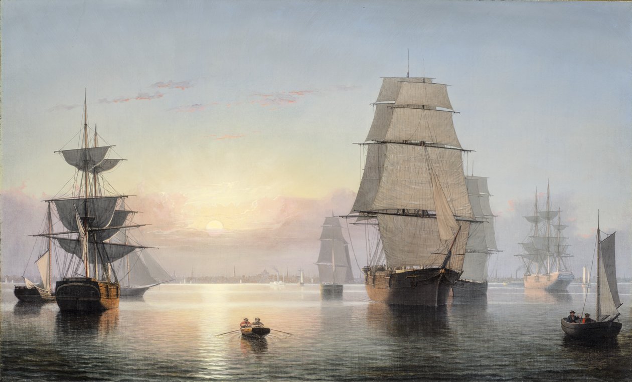 Boston havn, solnedgang, 1850-55 av Fitz Henry Lane