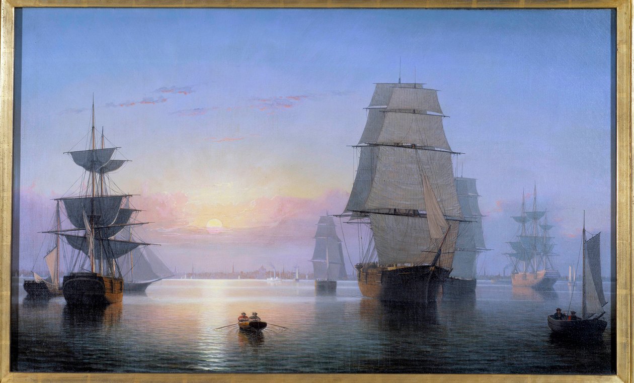 Boston Harbor i solnedgangen i 1850 Painting Fitz Hugh Lane (1804-1865) 1850 Privat samling av Fitz Henry Lane