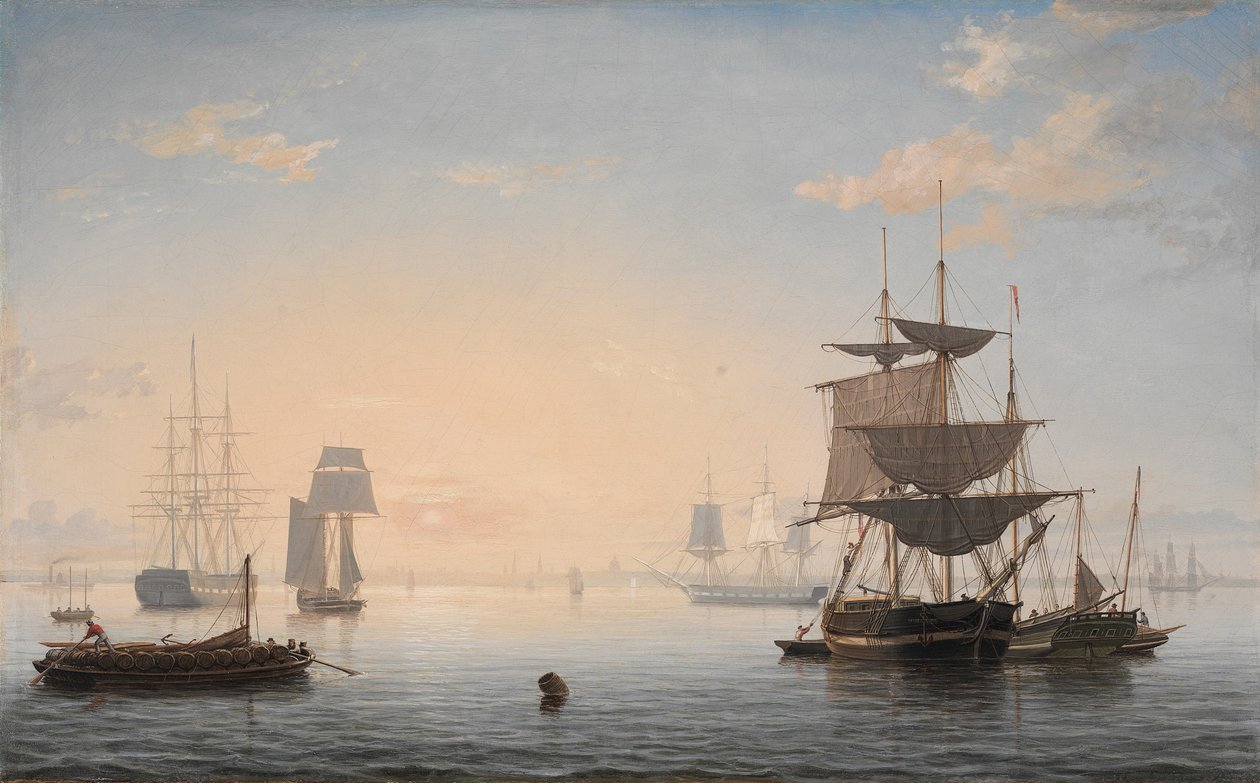 Havn i Boston, med byen i det fjerne, ca. 1846-47 av Fitz Henry Lane