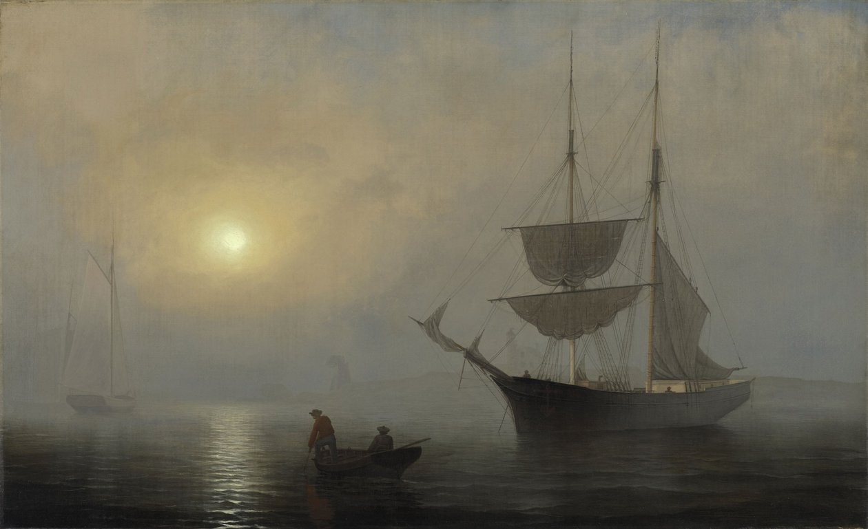 Skip i tåke, Gloucester havn av Fitz Henry Lane