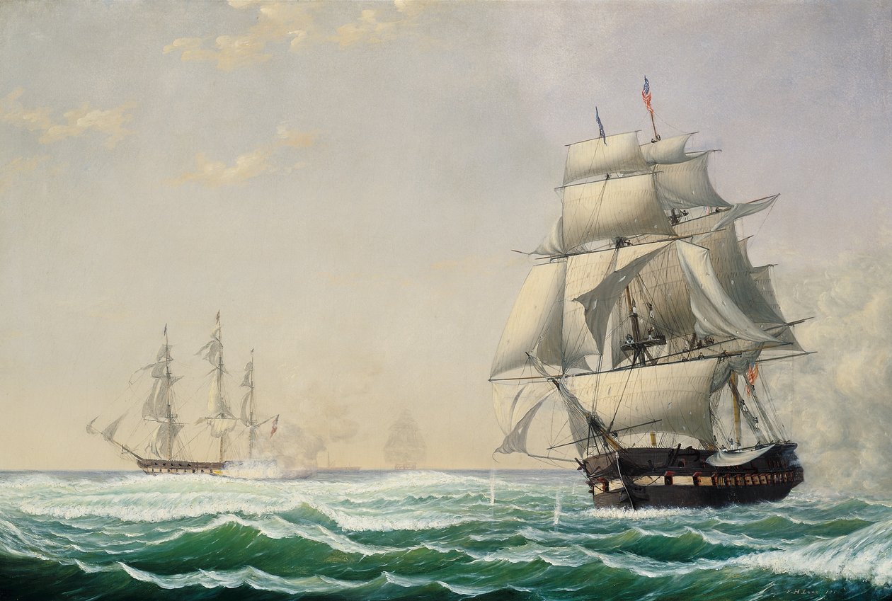 USAs fregattpresident engasjerte den britiske skvadronen i 1815, 1850 av Fitz Henry Lane