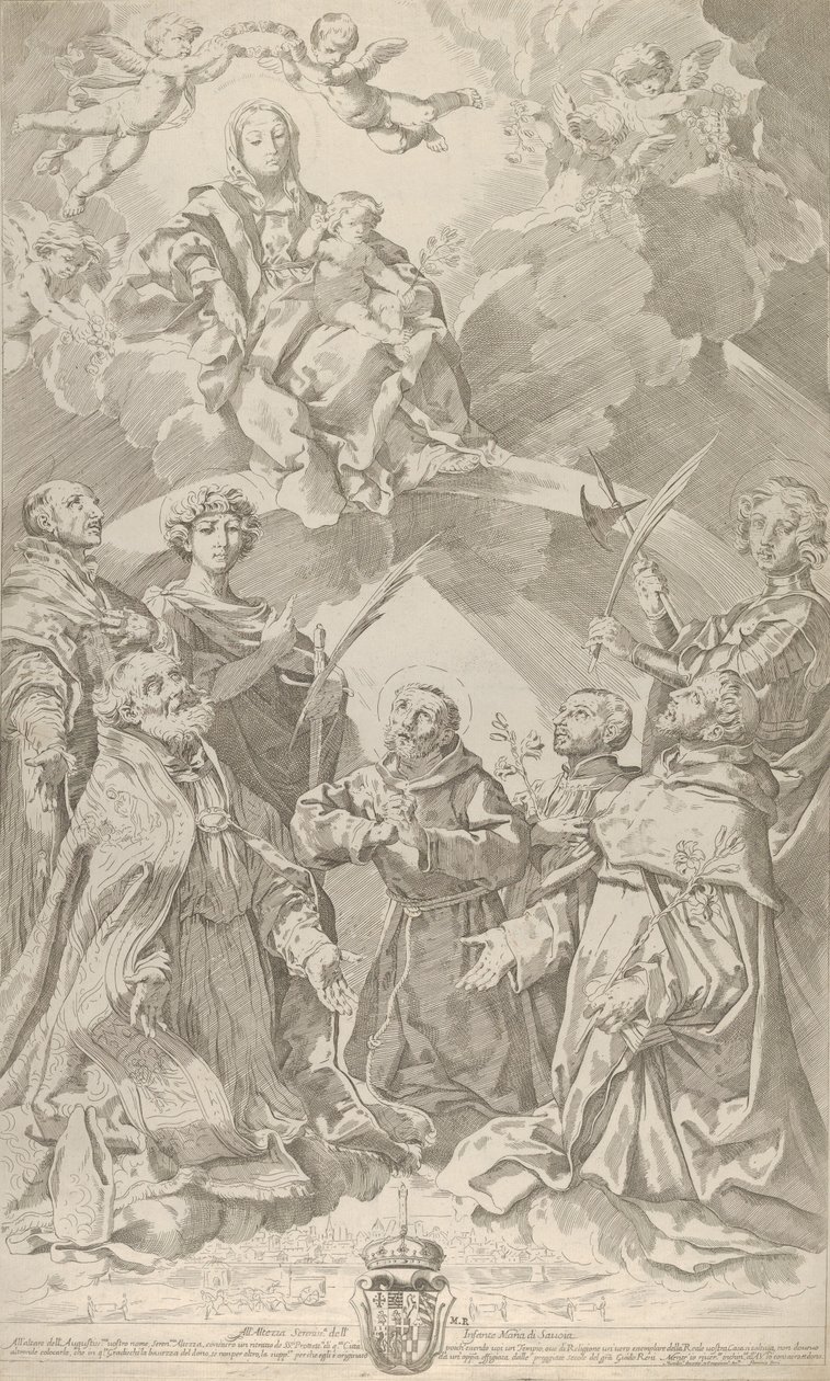 Skytshelgener for Bologna ser oppover på Jomfruen som sitter i skyene med..., 1640-50. av Flaminio Torre