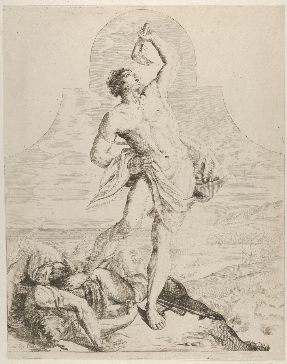 Samson holder kjevebenet til et esel over hodet og står ved siden av filiene..., ca. 1640-60. av Flaminio Torre