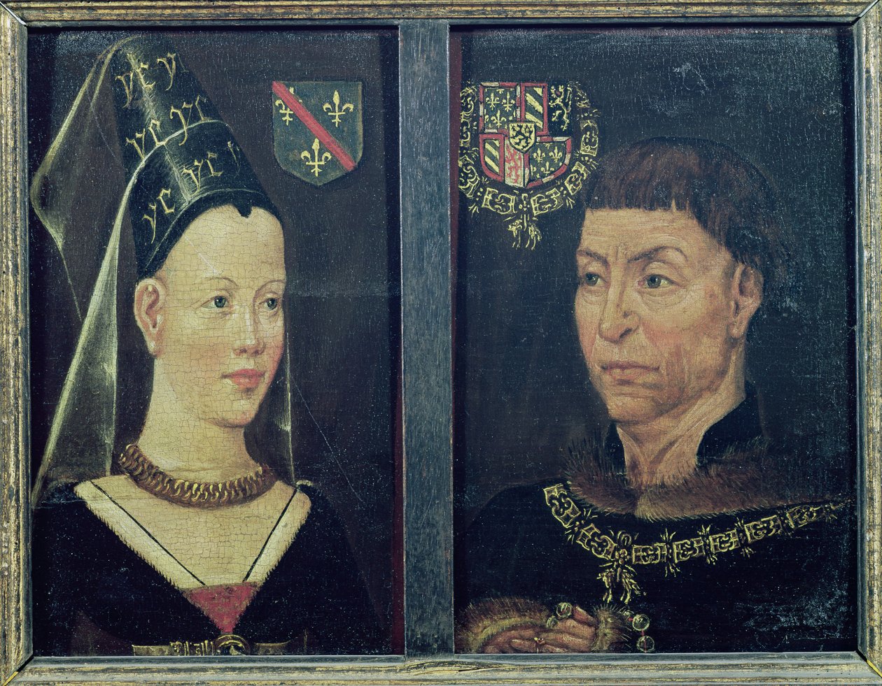 Dobbeltportrett av Charles le Temeraire (1433-82) hertugen av Burgund og hans kone, Isabelle de Bourbon (1436-65) av Flemish School