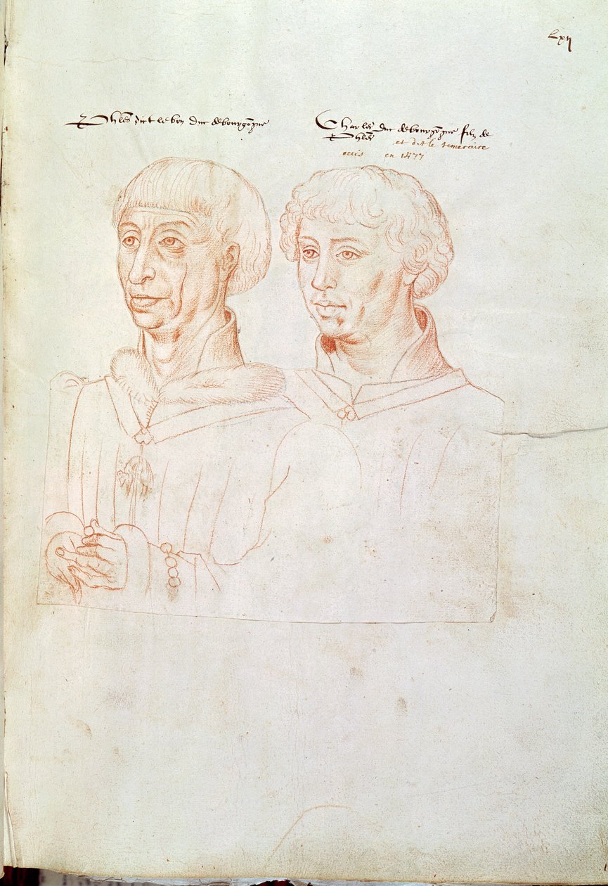 Ms 266 f.61 Filip III den gode (1396-1467) hertug av Burgund og hans sønn, Karl den dristige (1433-77) fra 