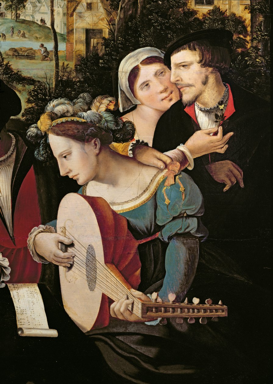 Scene Galante ved portene til Paris, detalj av et par og en luttspiller (detalj av 216104) av Flemish School