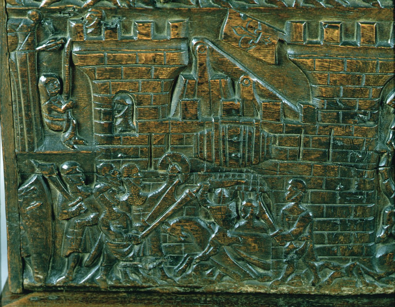 Courtrai-kisten som skildrer angrepet av Courtrai-garnisonen, under slaget ved Golden Spurs, kjempet i Courtrai i 1302 (tre) (detalj) av Flemish School