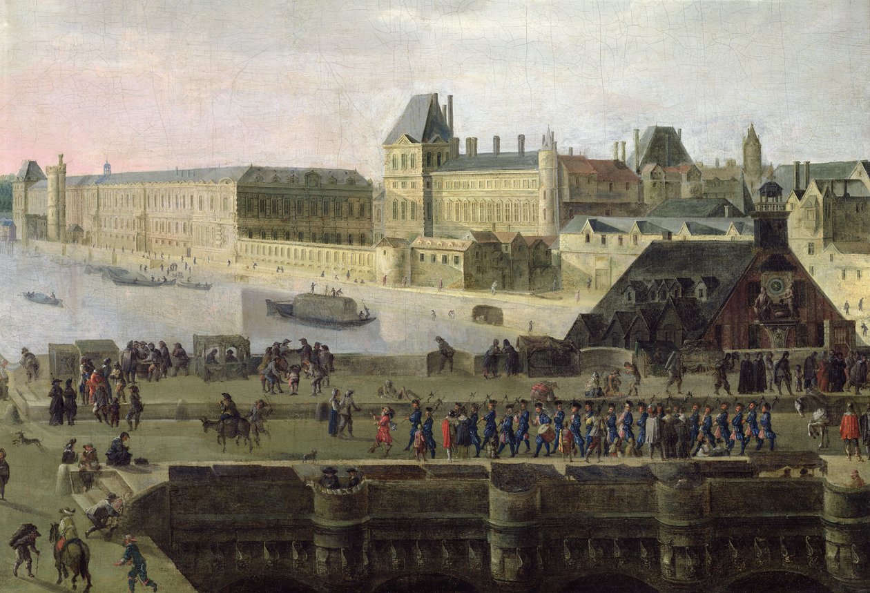 Utsikt over Pont-Neuf og elven Seinen ser nedstrøms, detalj av broen og Louvre, ca. 1633 av Flemish School