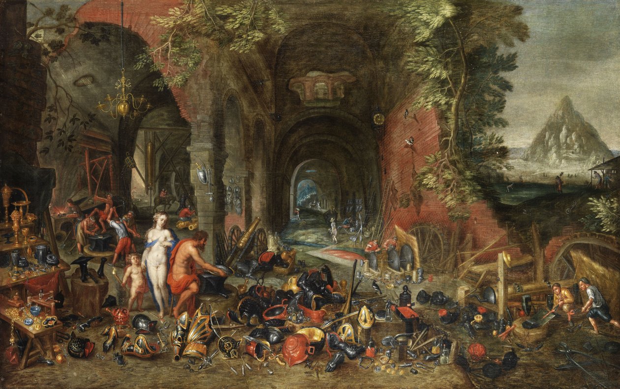 Venus og Amor i vulkanens smie. av Flemish painter in the circle of Jan Brueghel